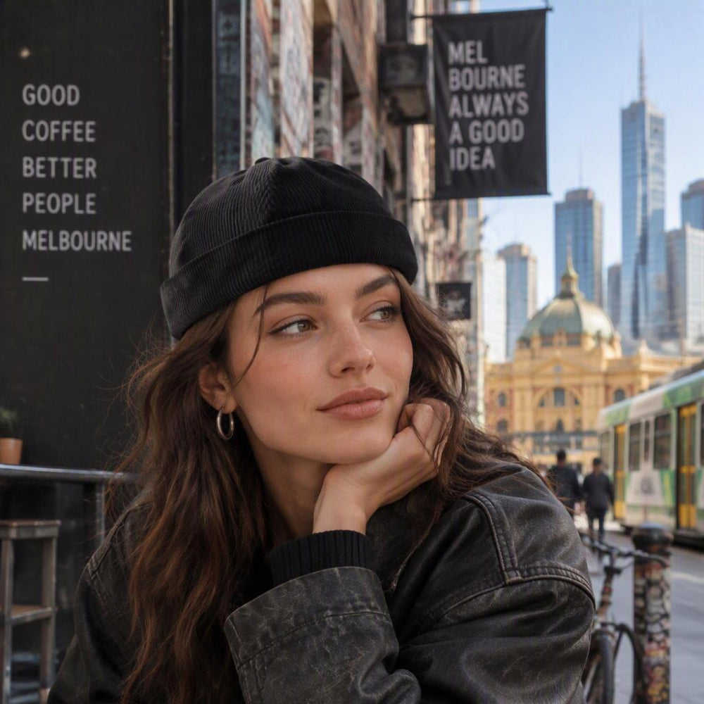 Model wearing a Vintage Brimless Baseball Cap known as a Tang Hat in a Melbourne Australia coffee street 