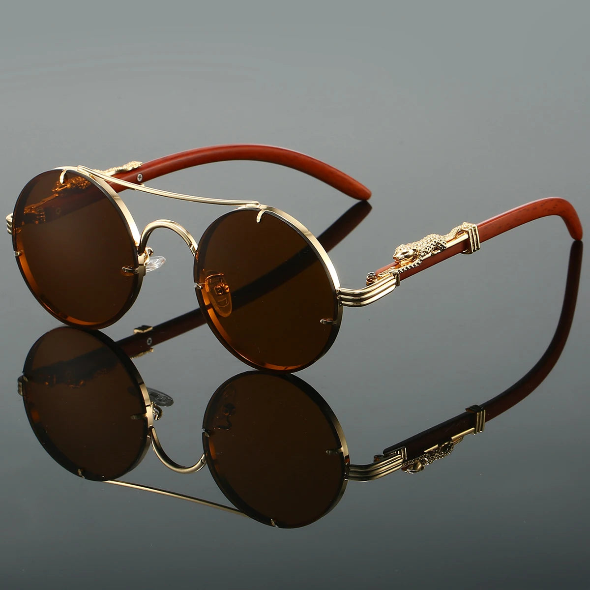 Vintage Round Sunglasses Double Bridge Temple Detailing