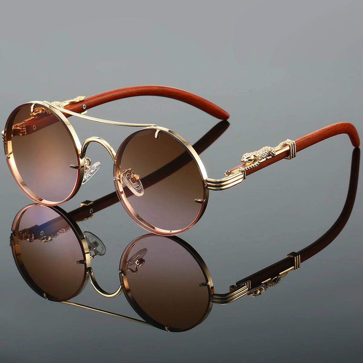 Vintage Round Sunglasses Double Bridge Temple Detailing