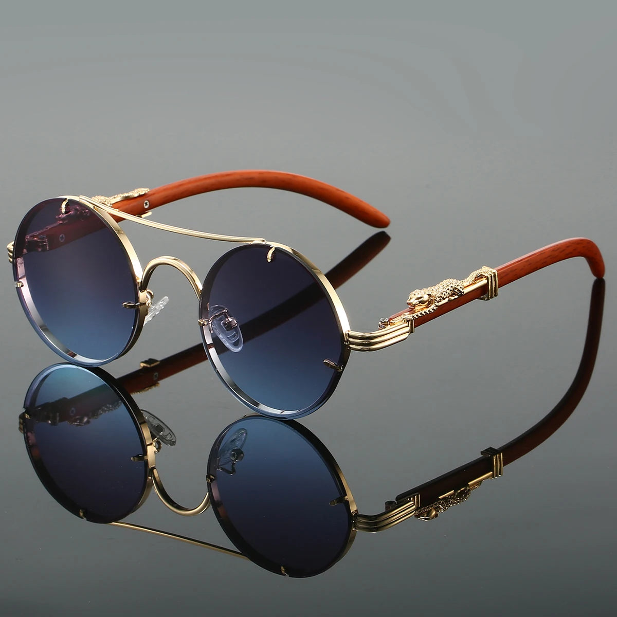 Vintage Round Sunglasses Double Bridge Temple Detailing