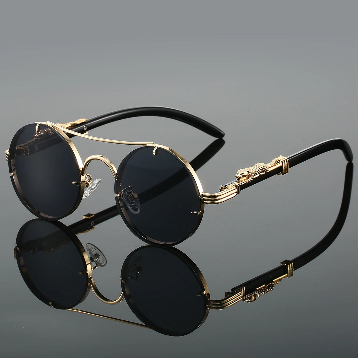 Vintage Round Sunglasses Double Bridge Temple Detailing