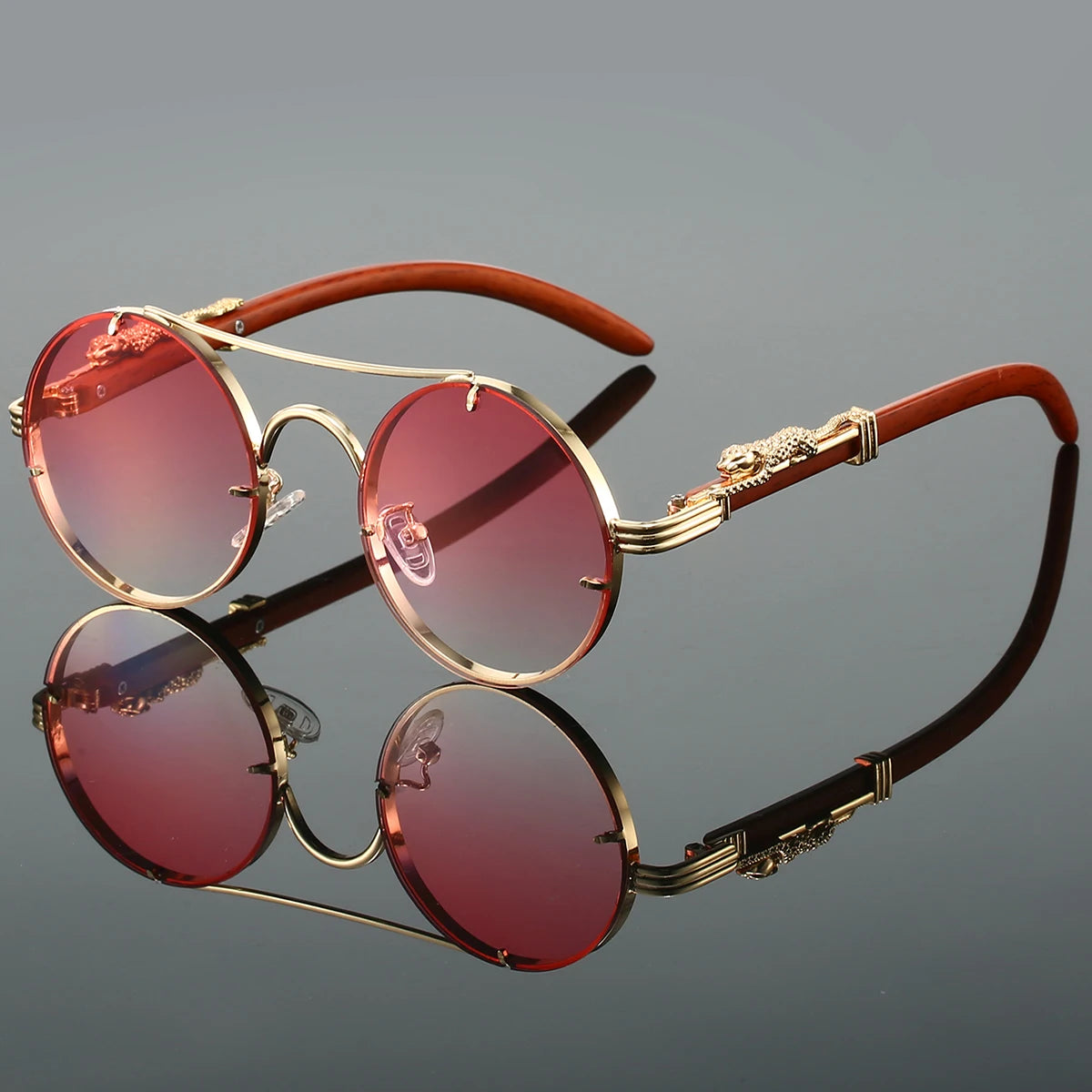 Vintage Round Sunglasses Double Bridge Temple Detailing
