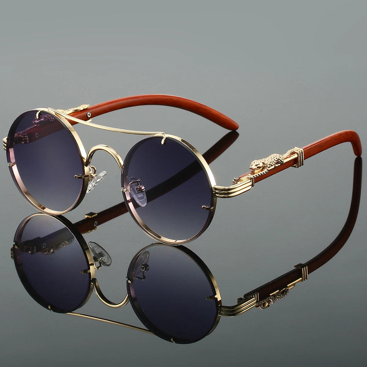 Vintage Round Sunglasses Double Bridge Temple Detailing