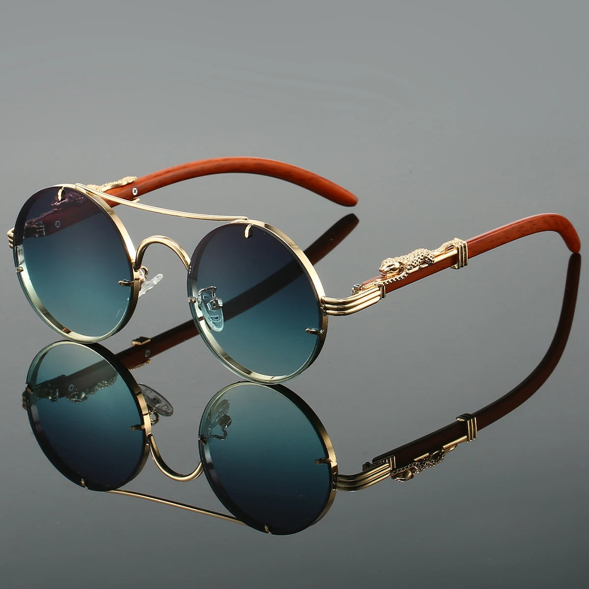 Vintage Round Sunglasses Double Bridge Temple Detailing