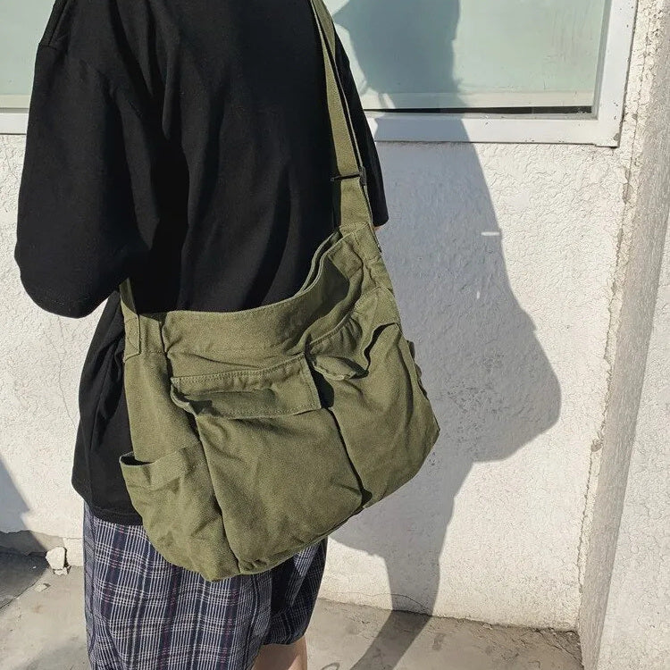 Student Large-Capacity Canvas Shoulder Tote School Messenger Crossbody Travel Bag