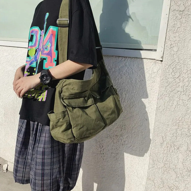 Student Large-Capacity Canvas Shoulder Tote School Messenger Crossbody Travel Bag