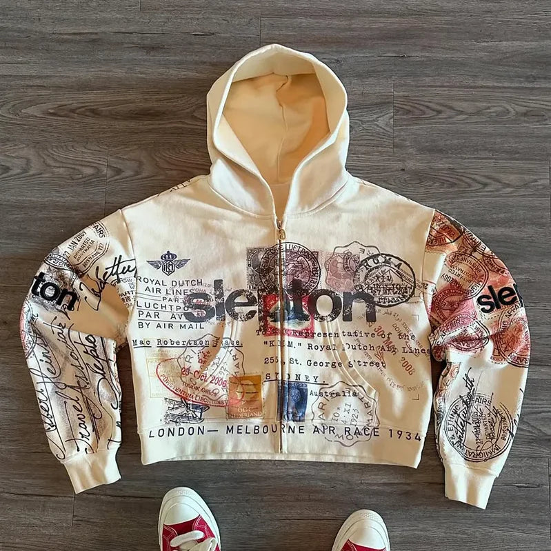 Vintage Passport Travel Zipper Hoodie Stamps Retro Air Race - Unisex