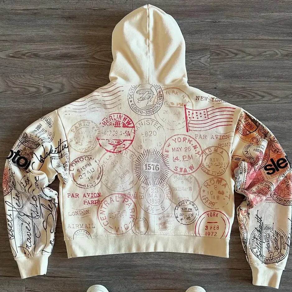 Vintage Passport Travel Zipper Hoodie Stamps Retro Air Race - Unisex