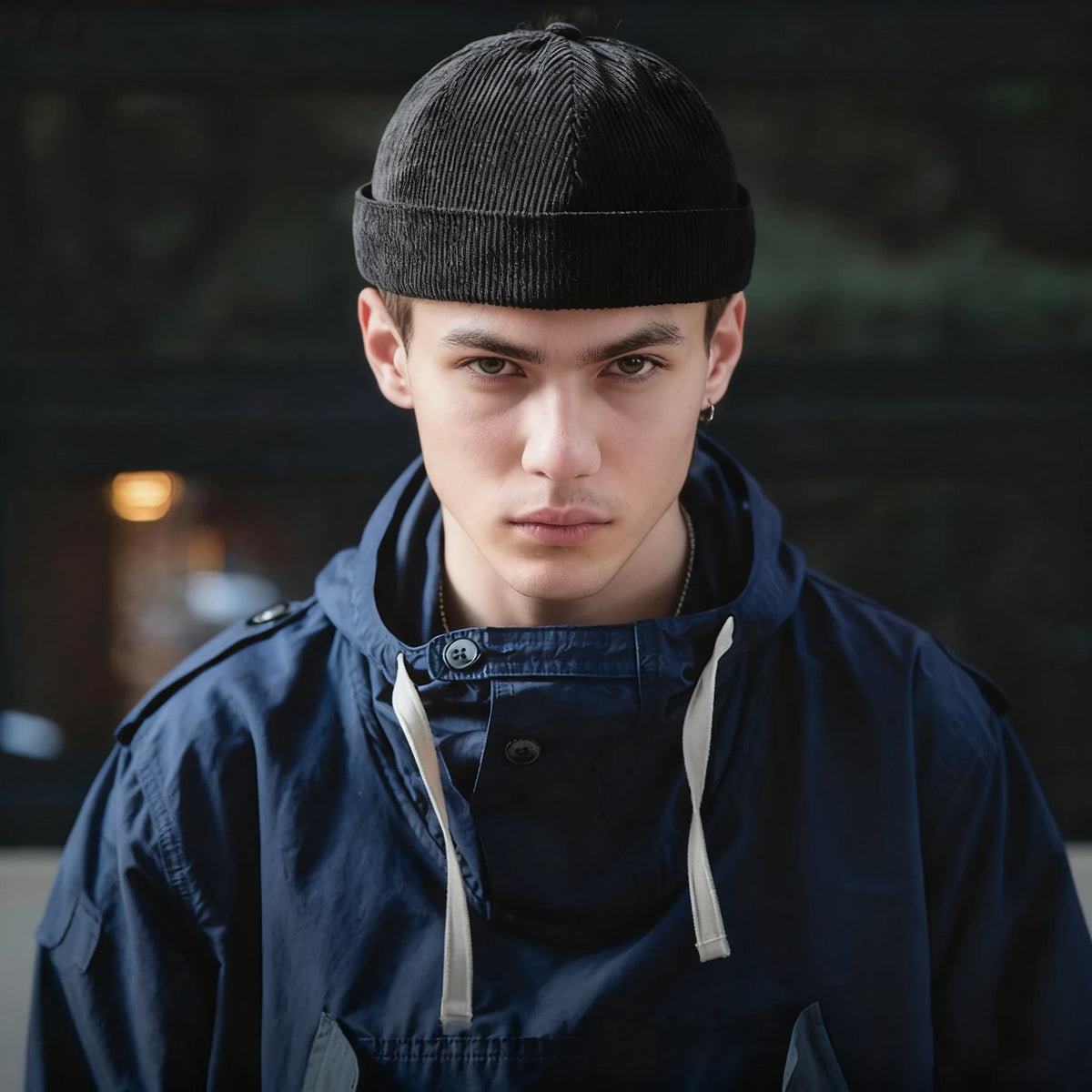 Person wearing a brimless baseball cap.
