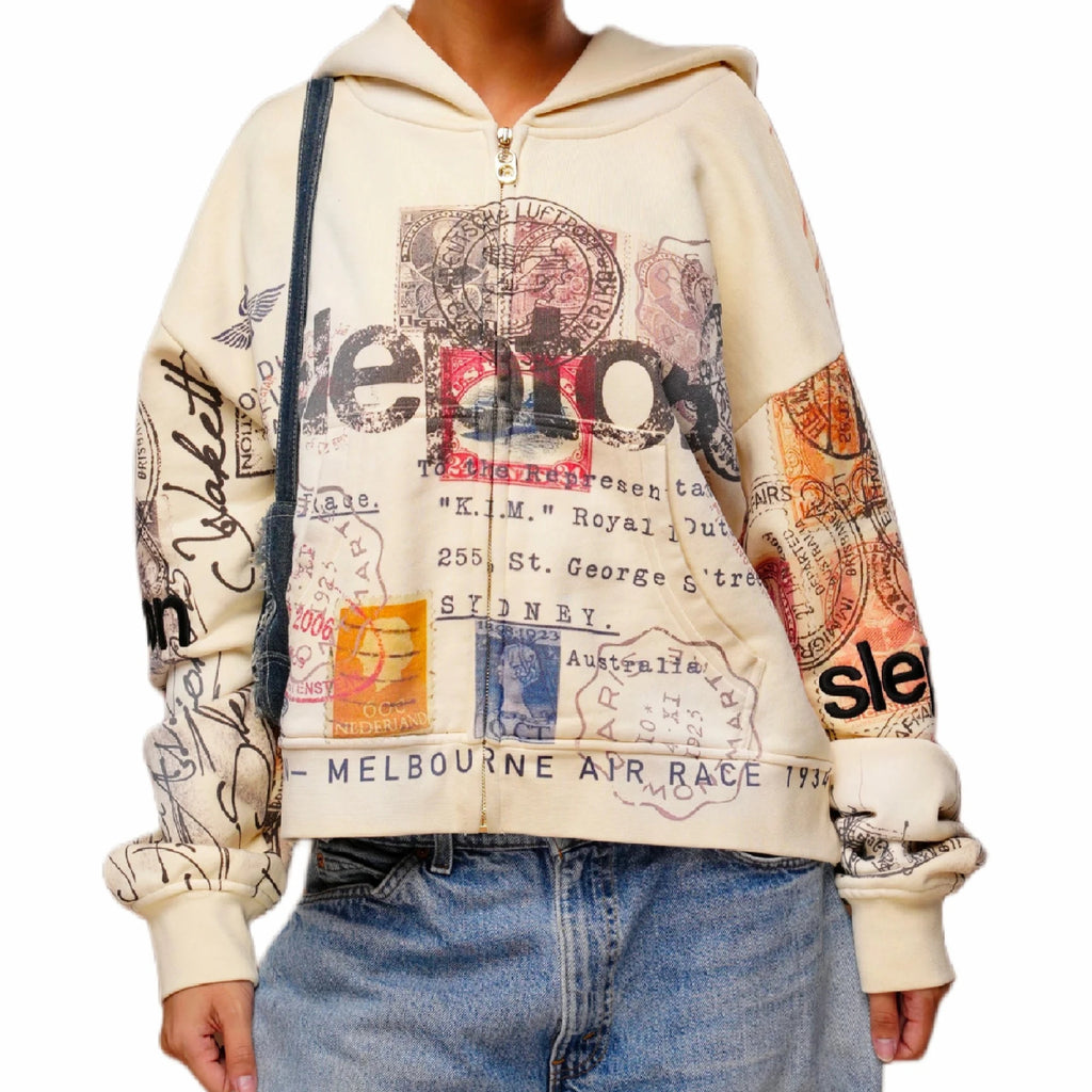 Vintage Passport Travel Zipper Hoodie Stamps Retro Air Race - Unisex