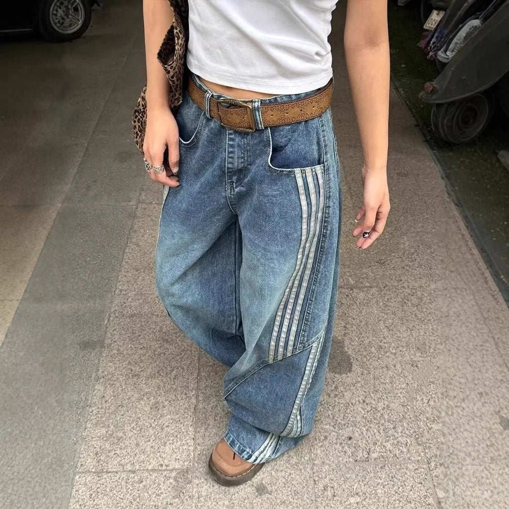 Vintage Denim Barrel Leg Striped Baggy Curve Jeans