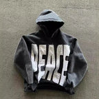 Gray streetwear vintage hoodie with 'PEACE' printed on it.
