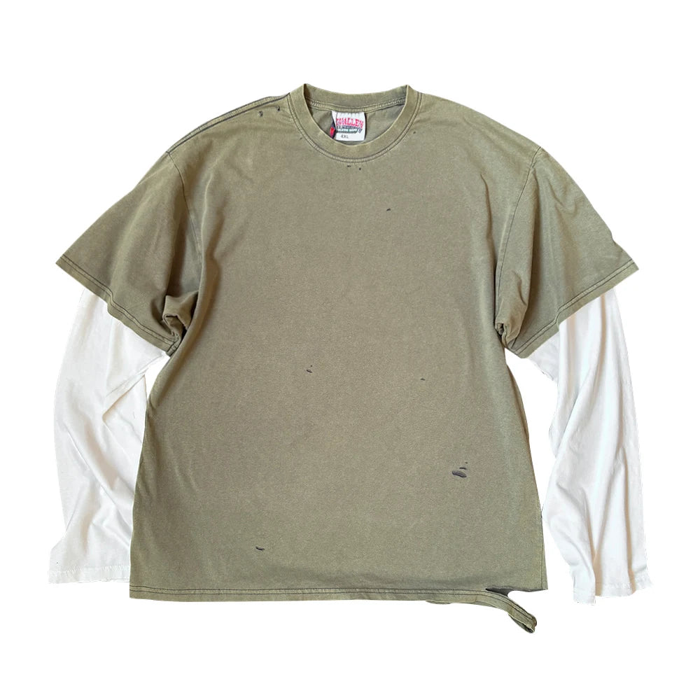 Vintage Slight Distressed Double Layer 2-in-1 Retro Heavy T-Shirt