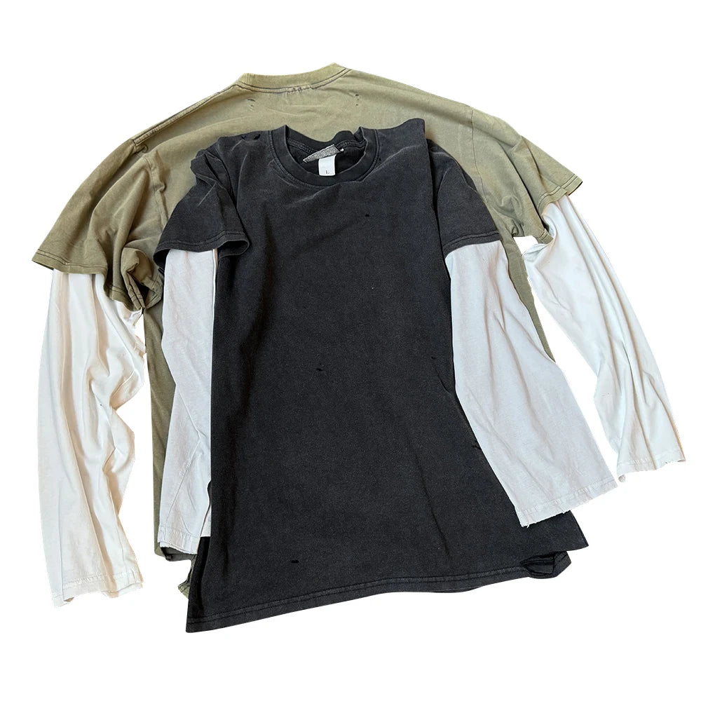 Vintage Slight Distressed Double Layer 2-in-1 Retro Heavy T-Shirt