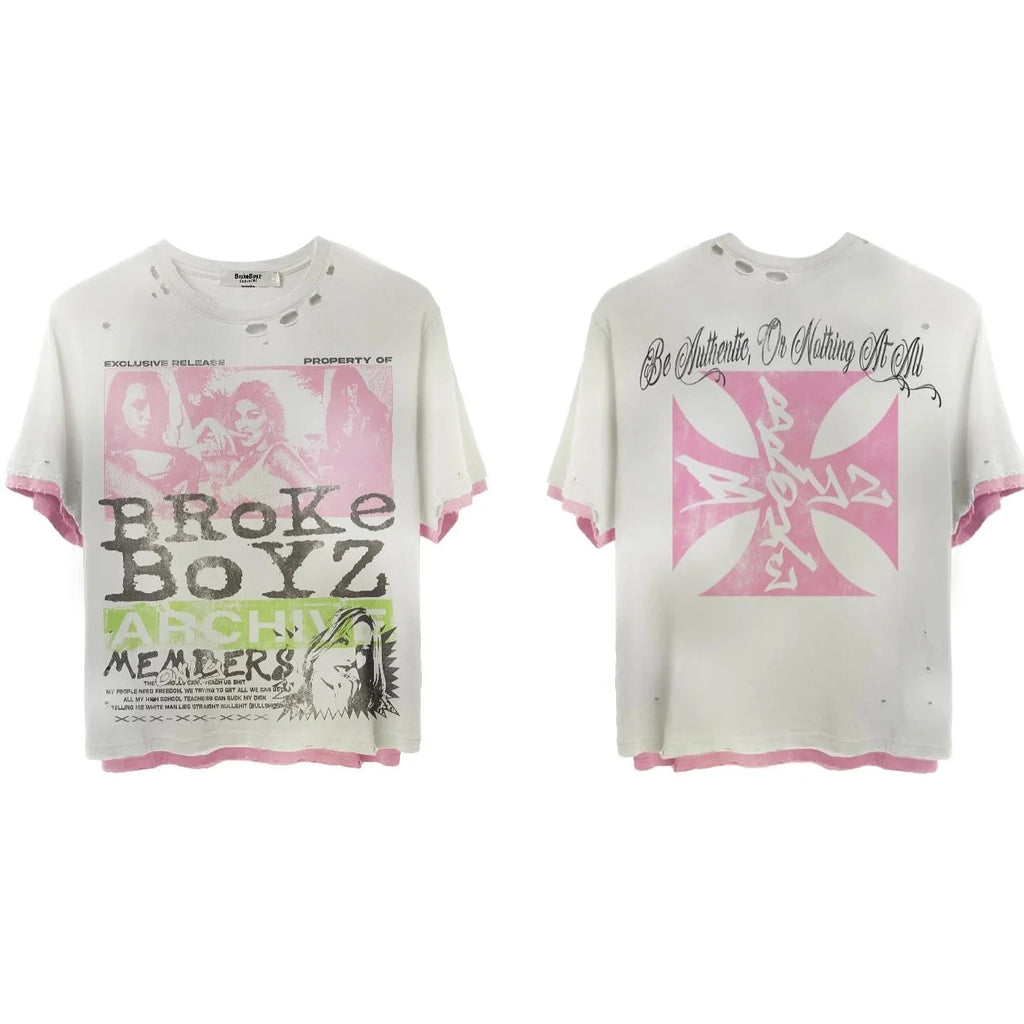 Vintage Streetwear Double Layered T-Shirt Graffiti Spliced Oversized