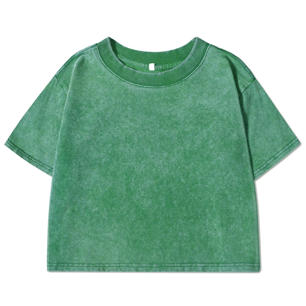 Vintage Washed Crop Top Plain or Rhinestones Cotton T-shirt green
