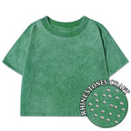 Green t-shirt with rhinestone embellishments on a white background