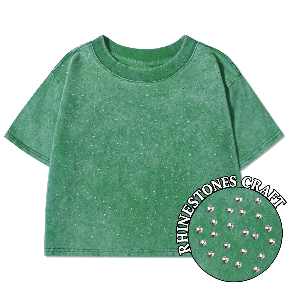 Green t-shirt with rhinestone embellishments on a white background