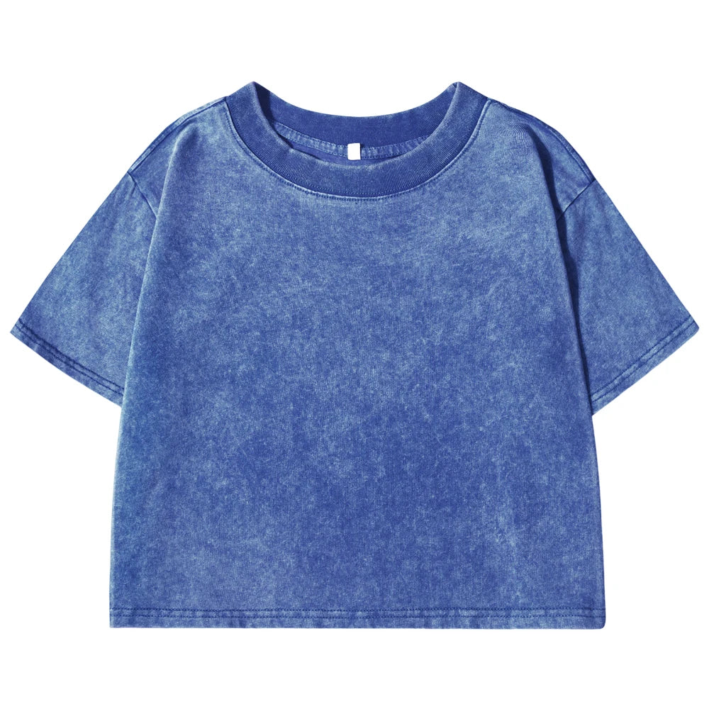 Blue denim crop top on a white background