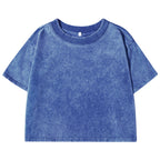 Blue denim crop top on a white background