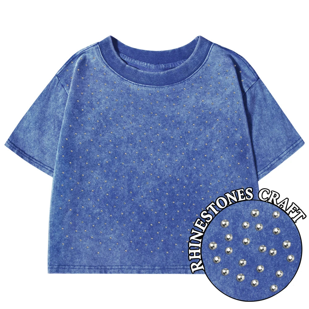 Blue t-shirt with rhinestone embellishments on a white background
