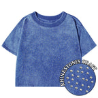 Blue t-shirt with rhinestone embellishments on a white background