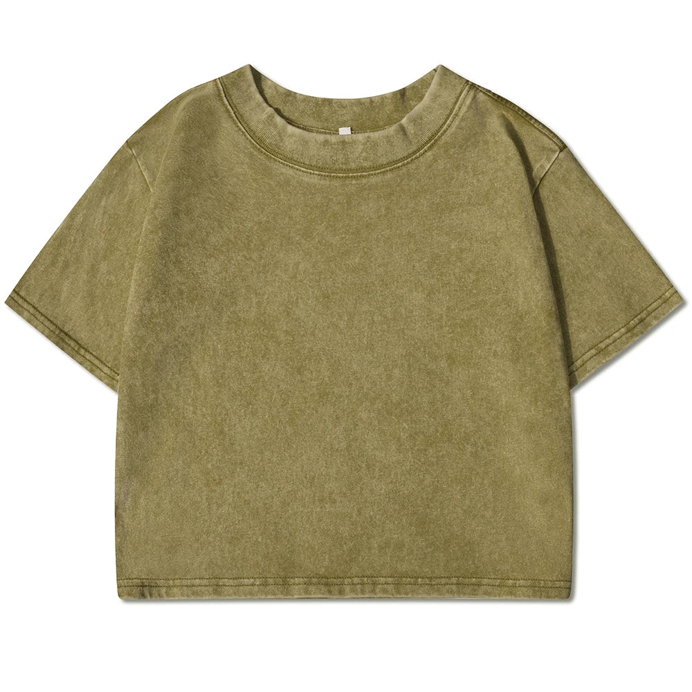 Vintage Washed Crop Top Plain or Rhinestones Cotton T-shirt green olive