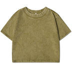 Vintage Washed Crop Top Plain or Rhinestones Cotton T-shirt green olive