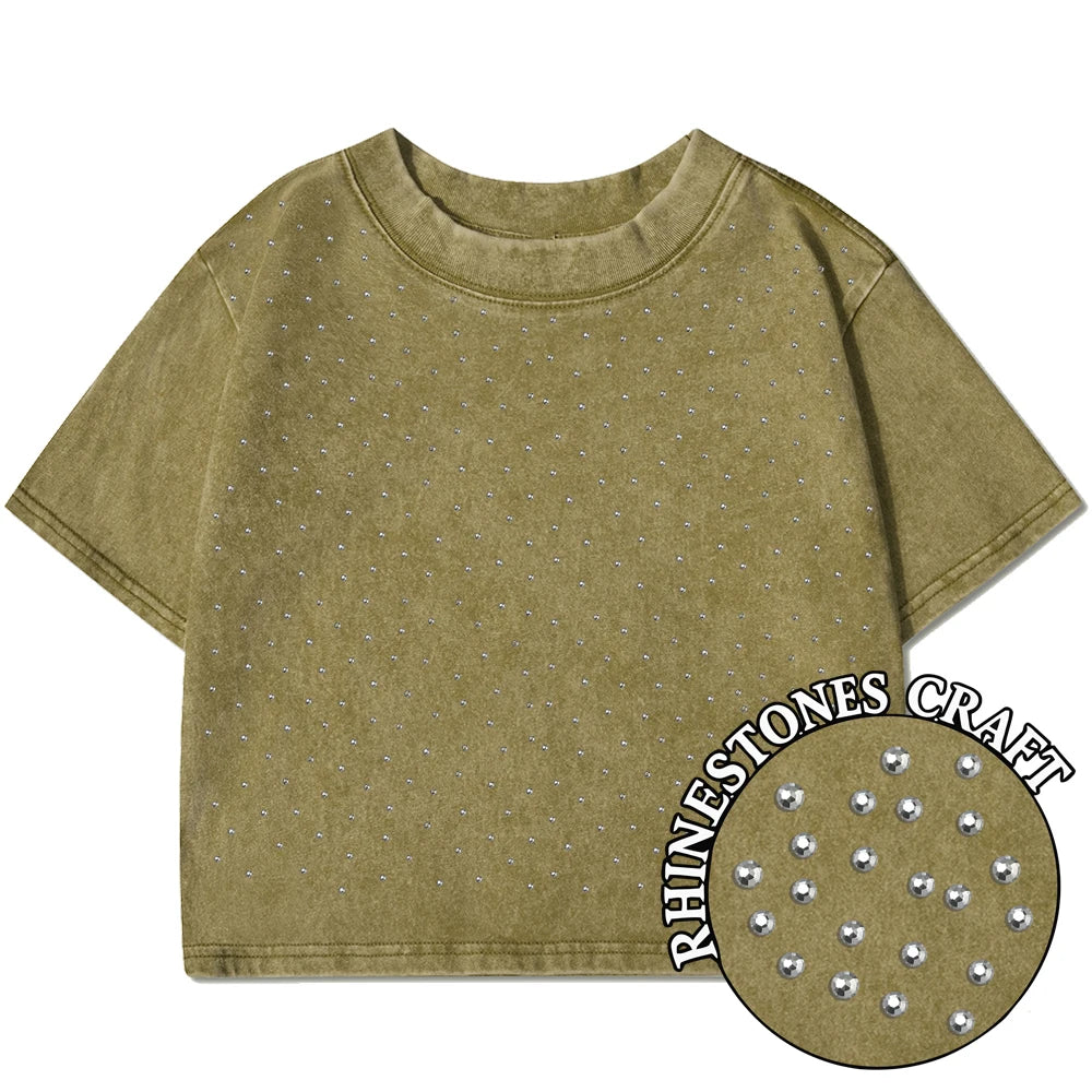 Vintage Washed Crop Top Plain or Rhinestones Cotton T-shirt