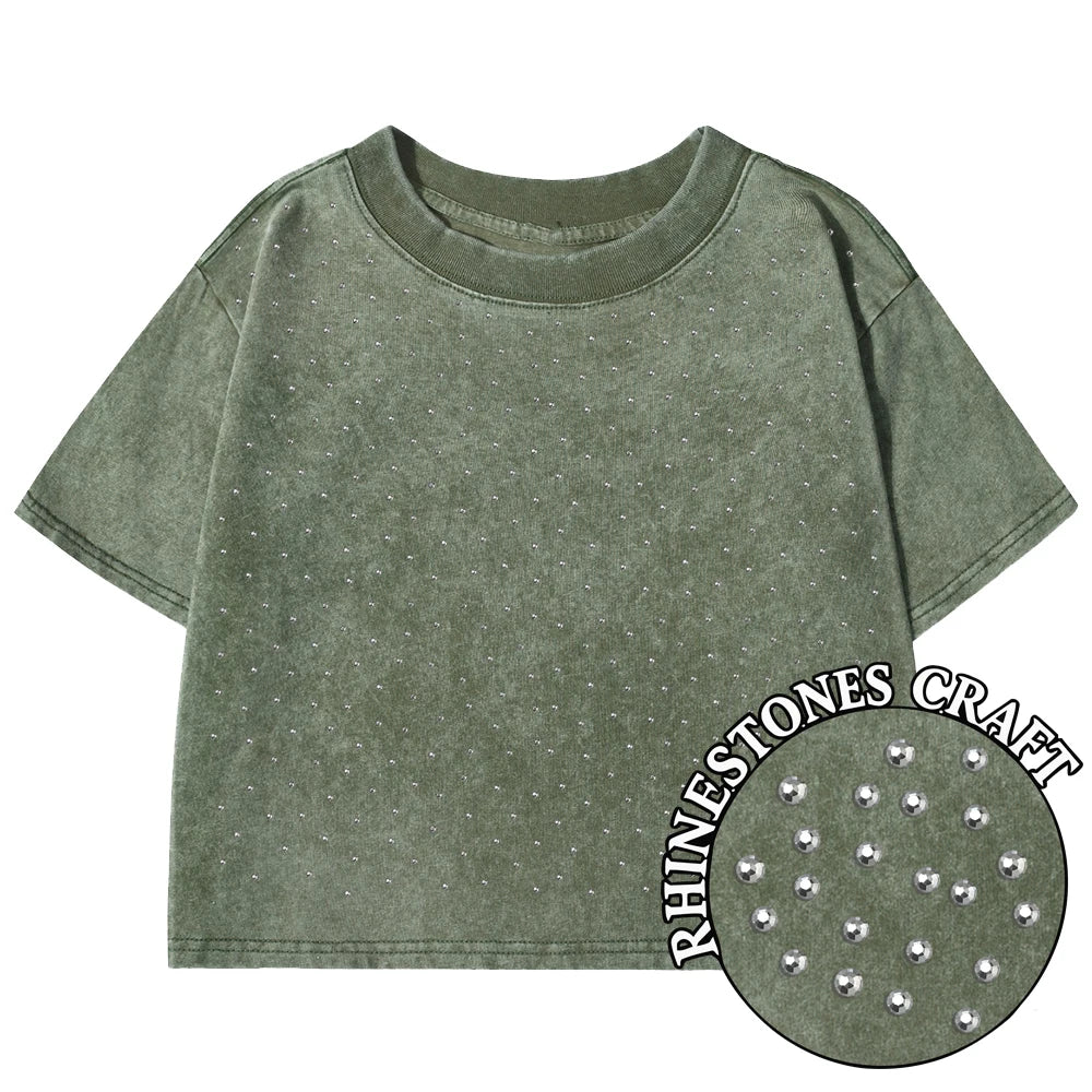 Green t-shirt with rhinestones on a white background