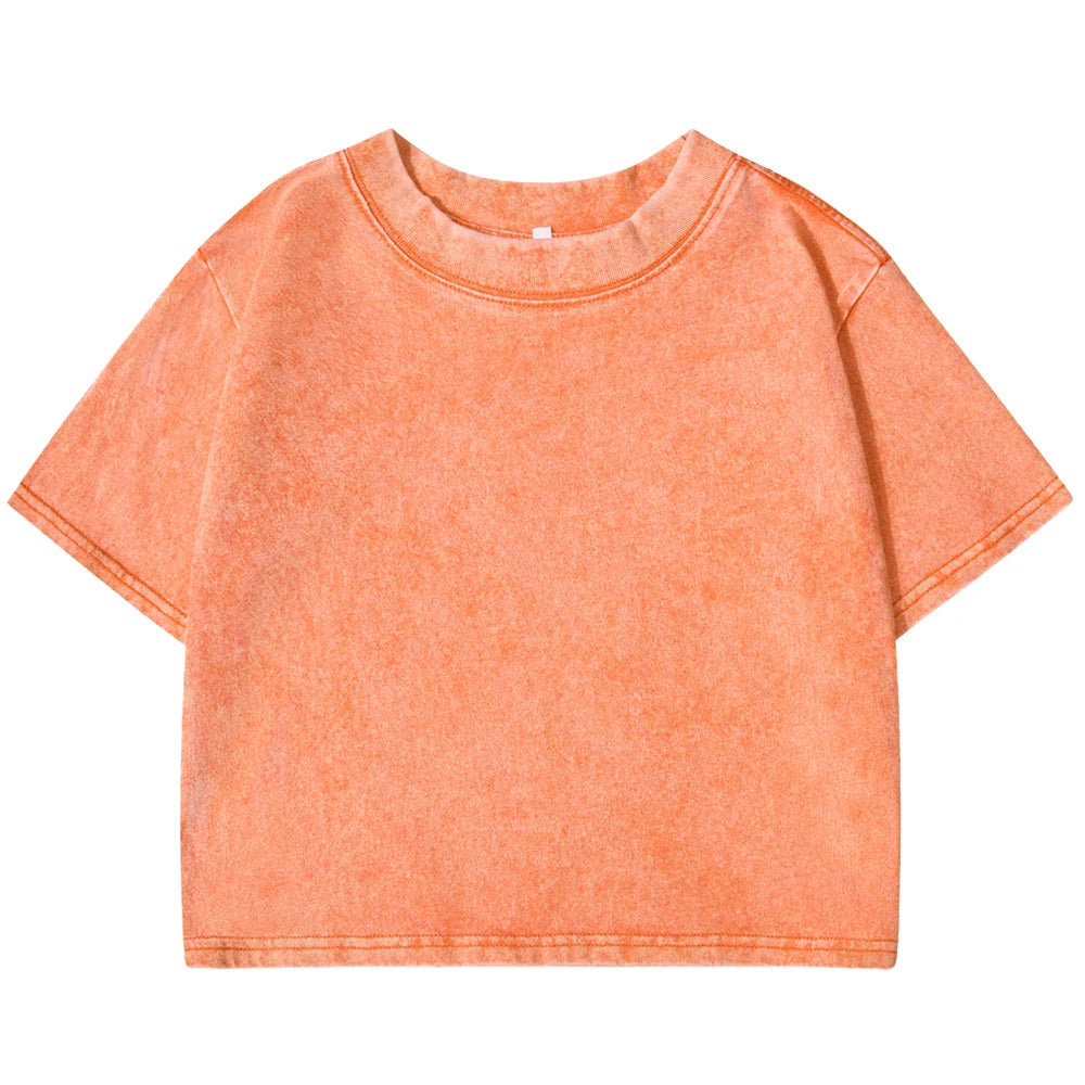 Vintage Washed Crop Top Plain or Rhinestones Cotton T-shirt orange