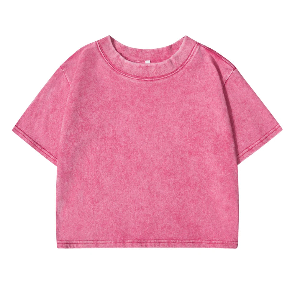 Vintage Washed Crop Top Plain or Rhinestones Cotton T-shirt pink