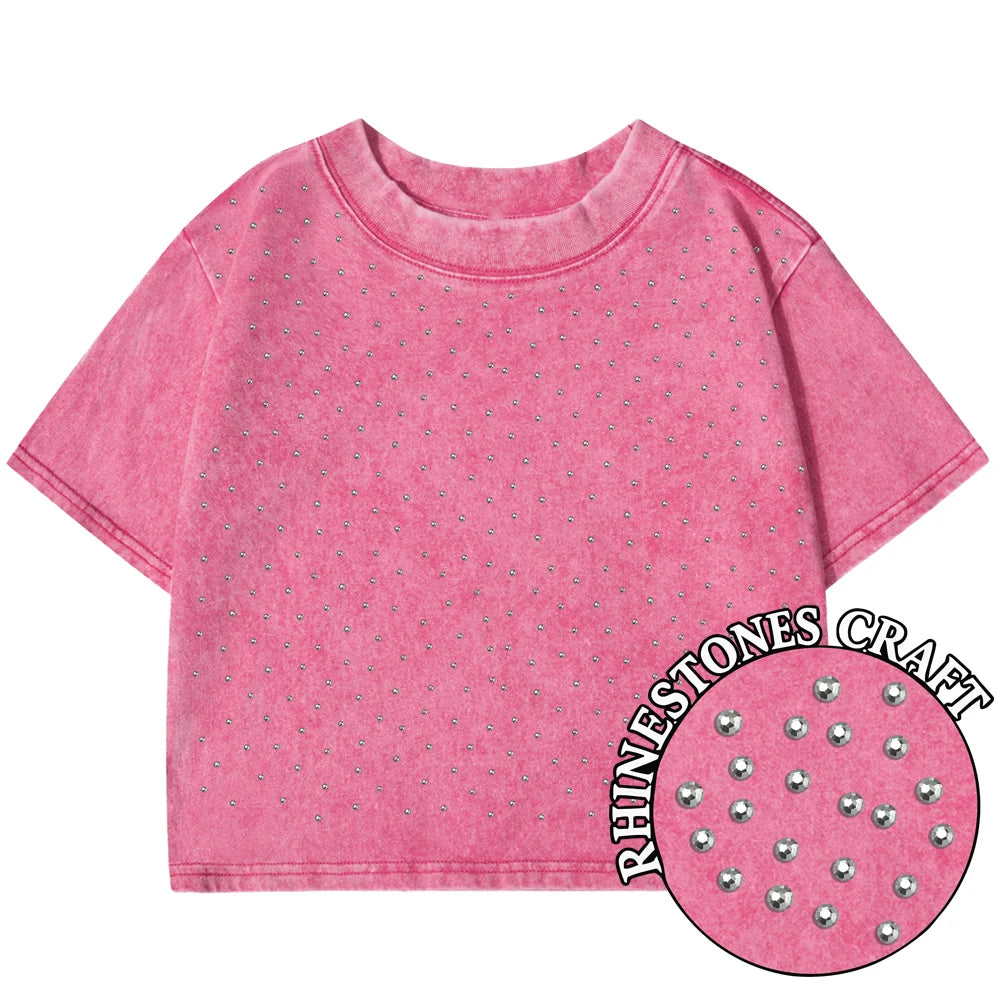 Pink t-shirt with rhinestones and 'Rhinestones Craft' logo on a white background
