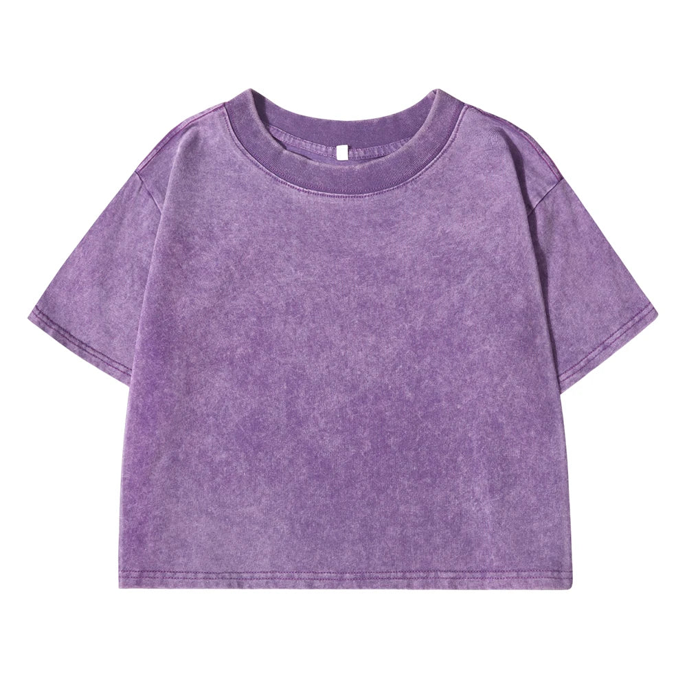 Vintage Washed Crop Top Plain or Rhinestones Cotton T-shirt purple