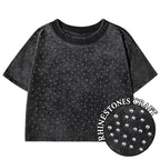 Vintage Washed Crop Top Plain or Rhinestones Cotton T-shirt rhinestones black
