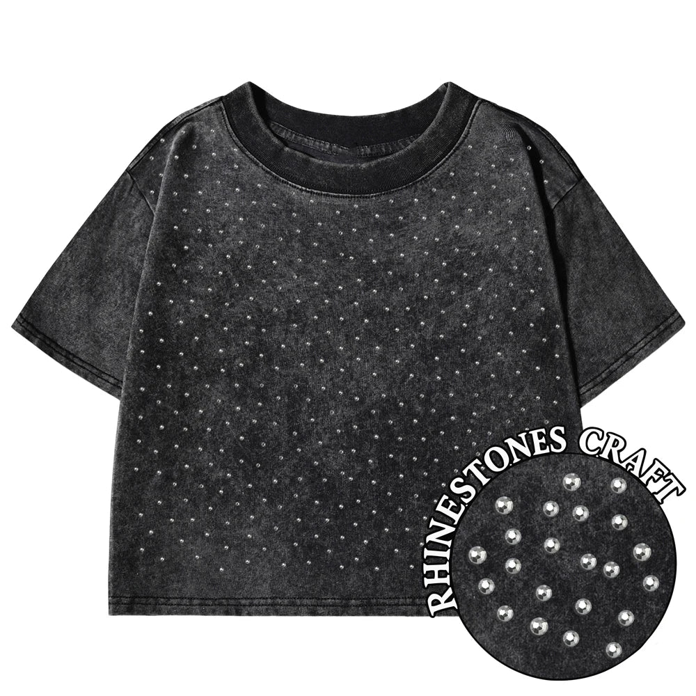 Vintage Washed Crop Top Plain or Rhinestones Cotton T-shirt rhinestones black