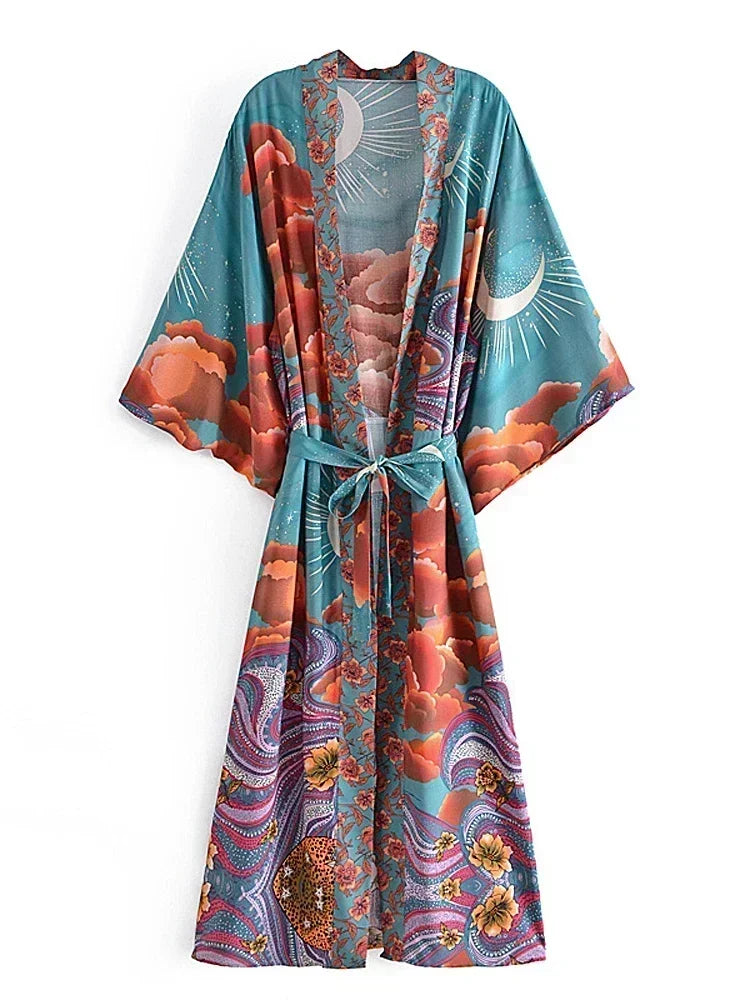 Colorful kimono-style robe with abstract patterns on a white background