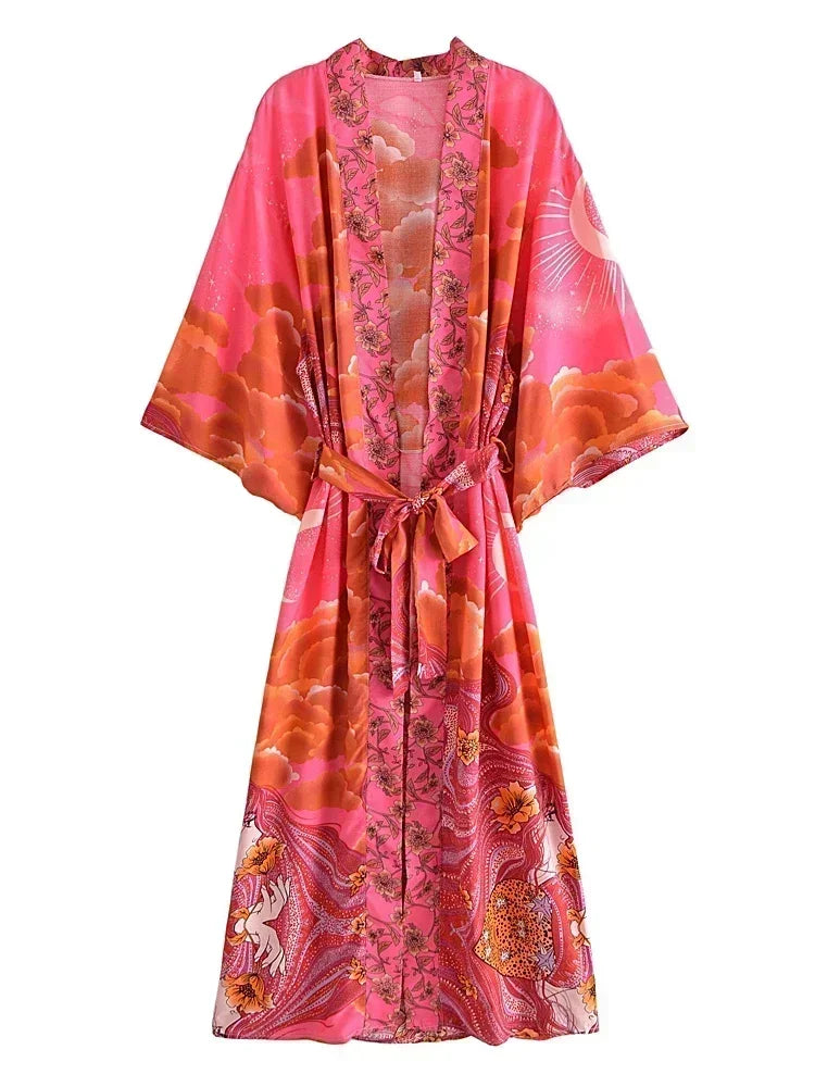 Pink and orange floral kimono-style dress on a white background