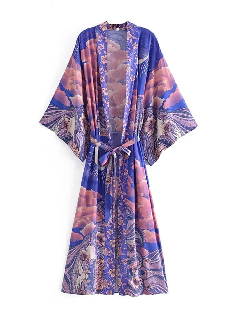 Colorful kimono-style robe with floral pattern on a white background
