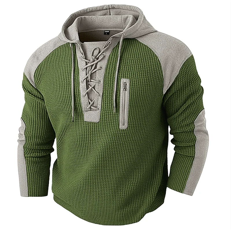 Waffle-Knit Lace-Up Hoodie Pullover