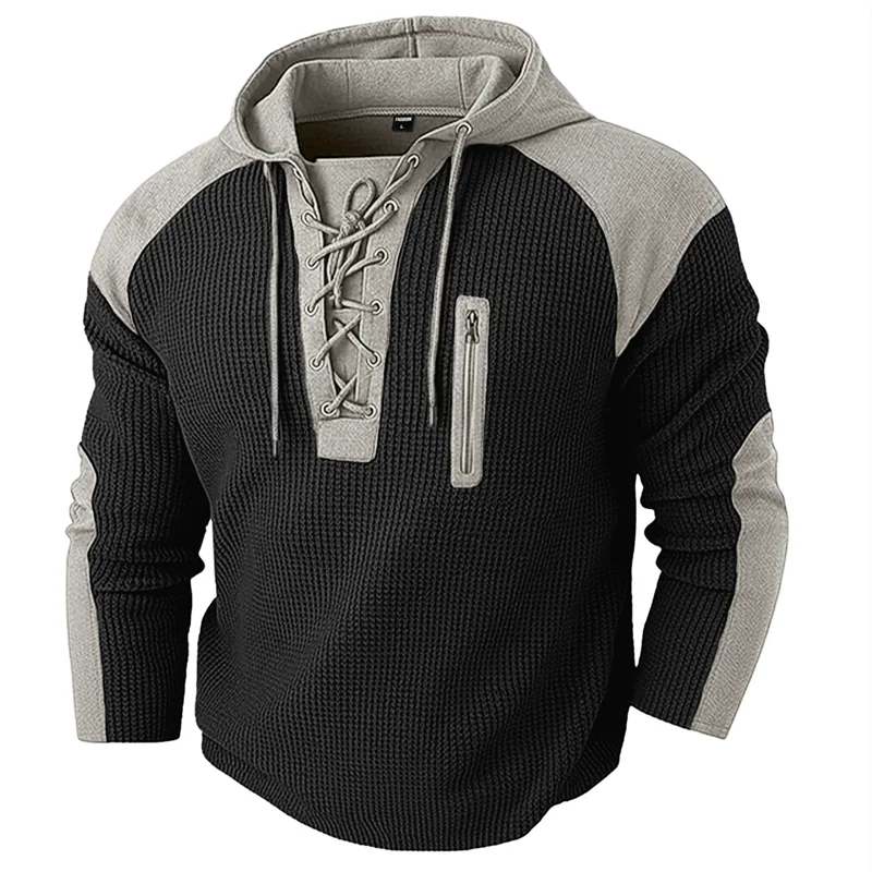 Waffle-Knit Lace-Up Hoodie Pullover