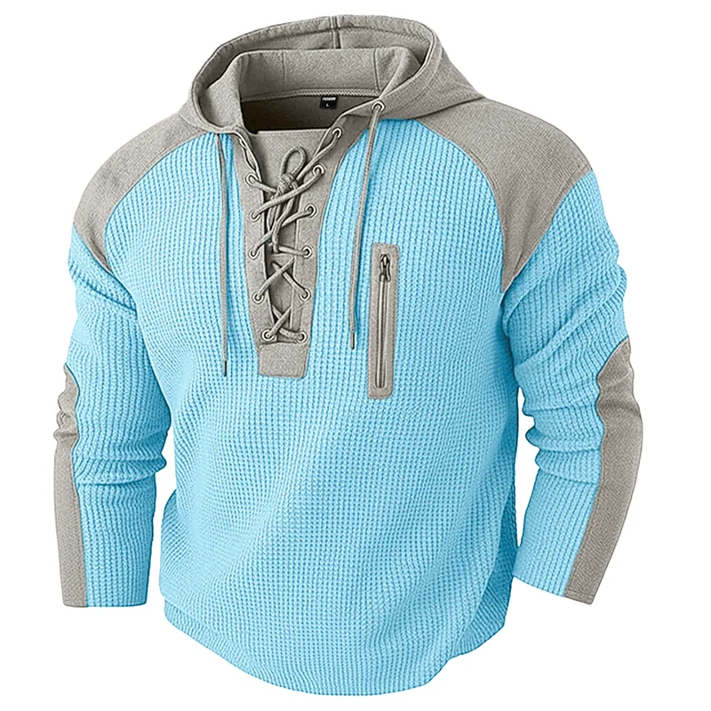 Waffle-Knit Lace-Up Hoodie Pullover