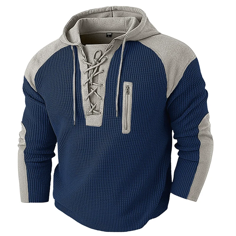 Waffle-Knit Lace-Up Hoodie Pullover