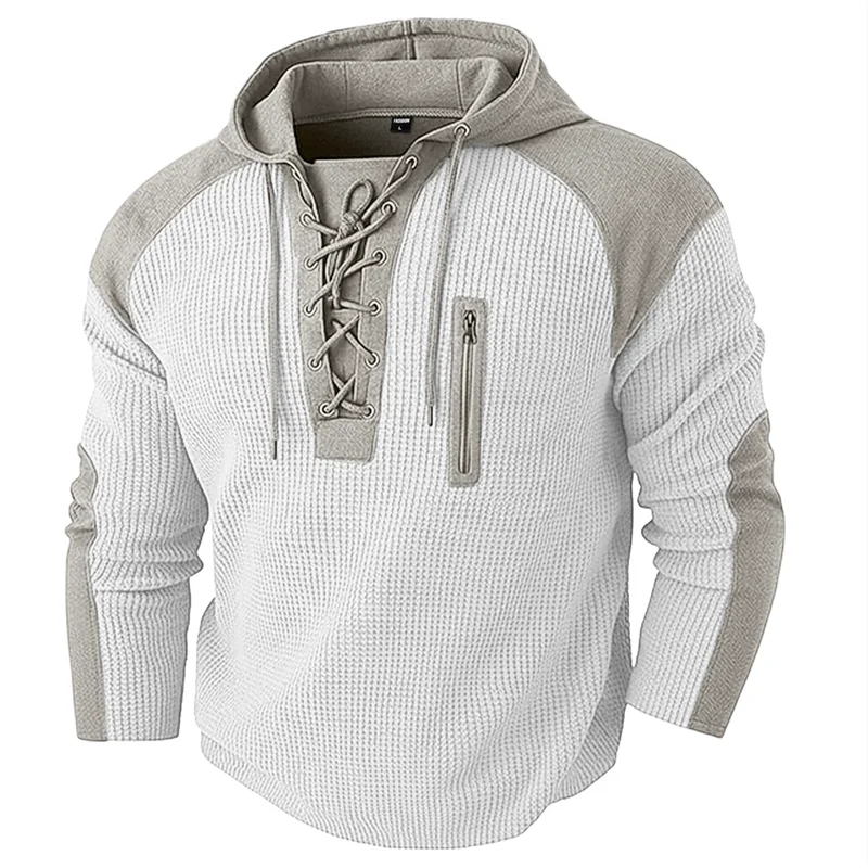 Waffle-Knit Lace-Up Hoodie Pullover