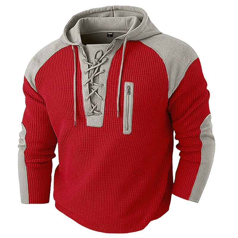 Waffle-Knit Lace-Up Hoodie Pullover