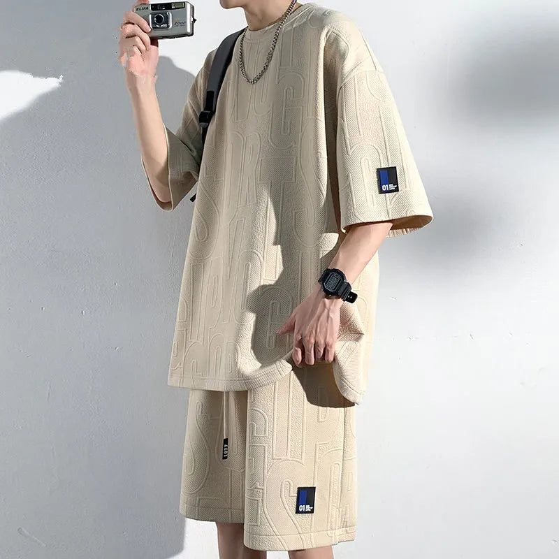 T-shirt and Shorts Set Waffle Raised Lettering Relaxed Fit Outfit
