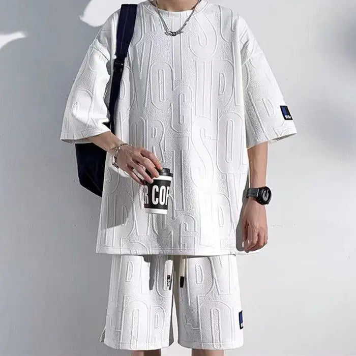 T-shirt and Shorts Set Waffle Raised Lettering Relaxed Fit Outfit