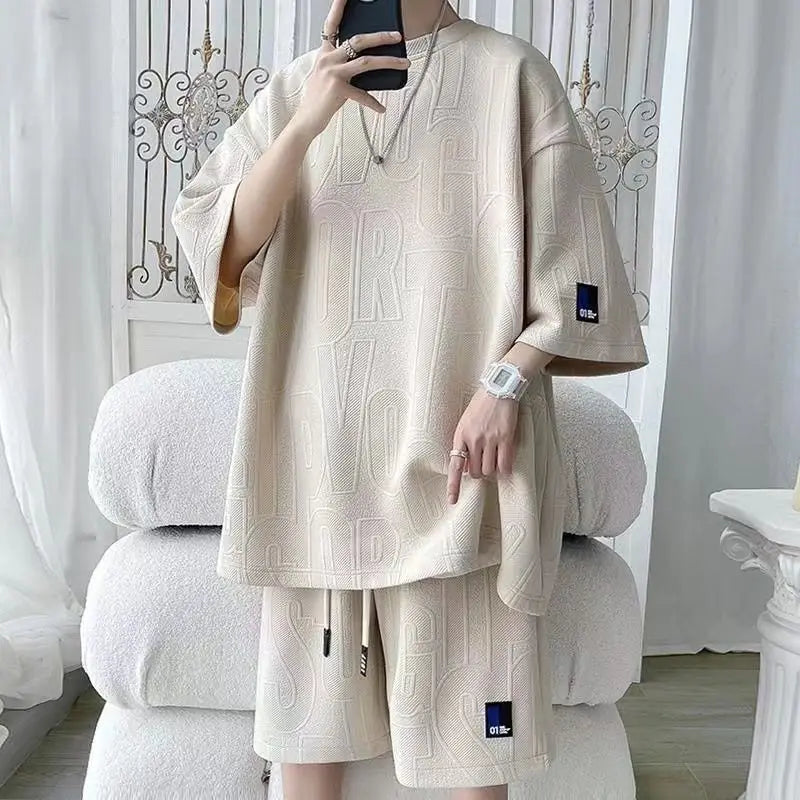 T-shirt and Shorts Set Waffle Raised Lettering Relaxed Fit Outfit
