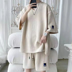 T-shirt and Shorts Set Waffle Raised Lettering Relaxed Fit Outfit