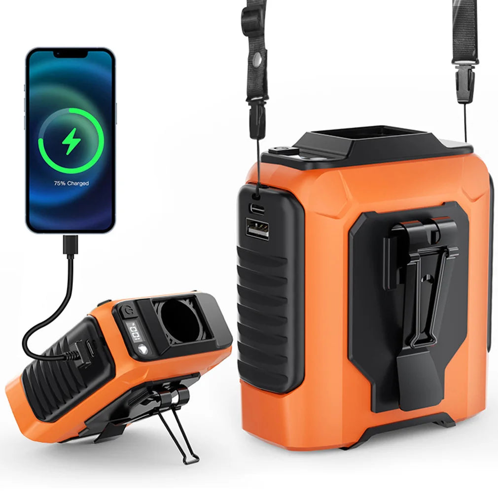 Orange and black portable air cooling fan. 